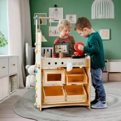 Haba 3-i-1 legestation - Køkken, butik & værksted| Trælegetøj|Rolleleg