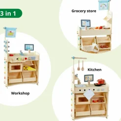 Haba 3-i-1 legestation - Køkken, butik & værksted| Trælegetøj|Rolleleg