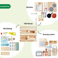 Haba 3-i-1 legestation - Køkken, butik & værksted| Trælegetøj|Rolleleg